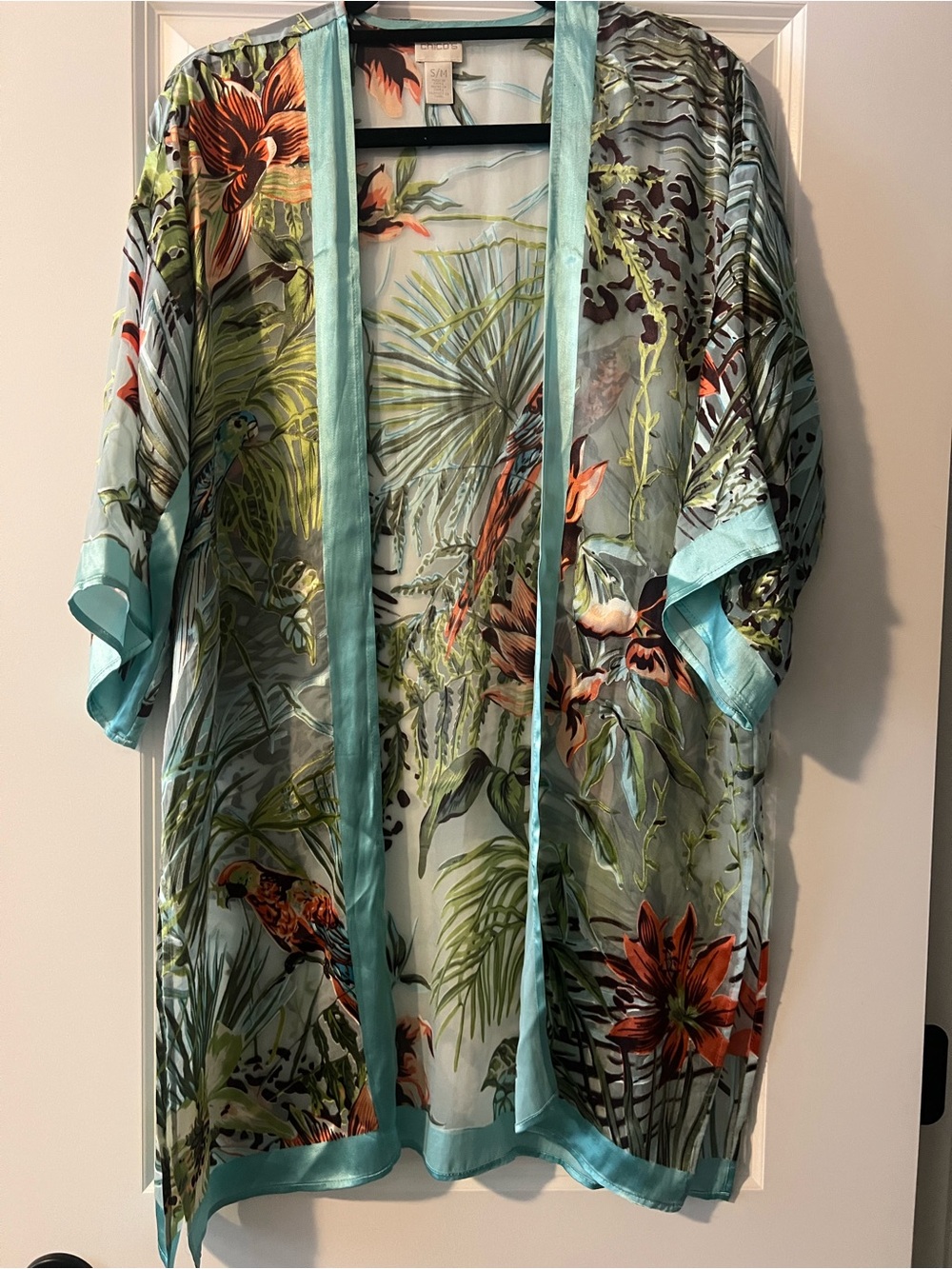 Chico’s Sheer Tropical Print Kimono with Satin Trim